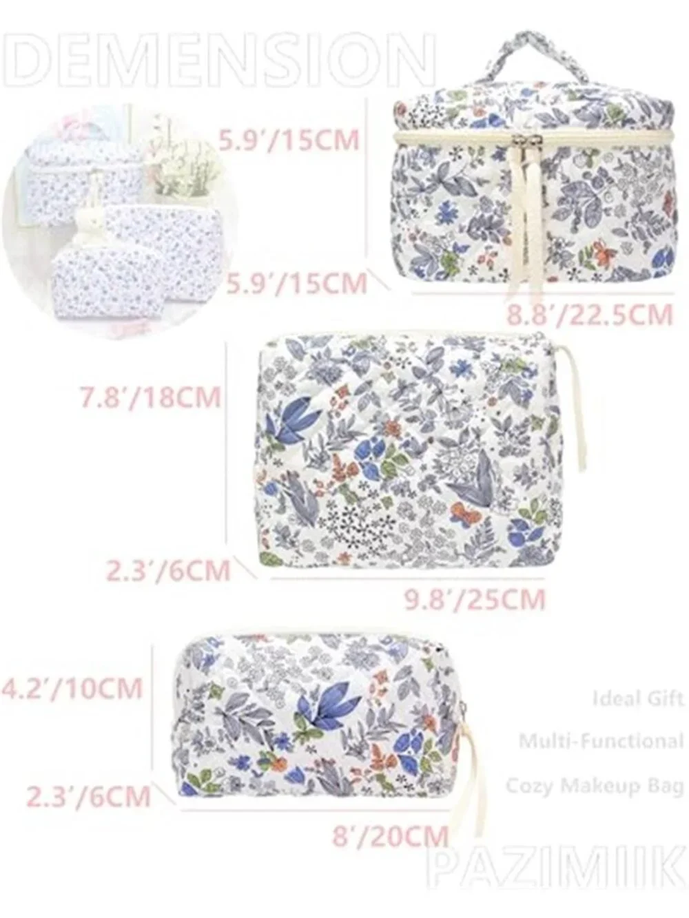 3 Piece Quilted Makeup Bag Set for Women,Cosmetic&Toiletry Bag,Leaf White